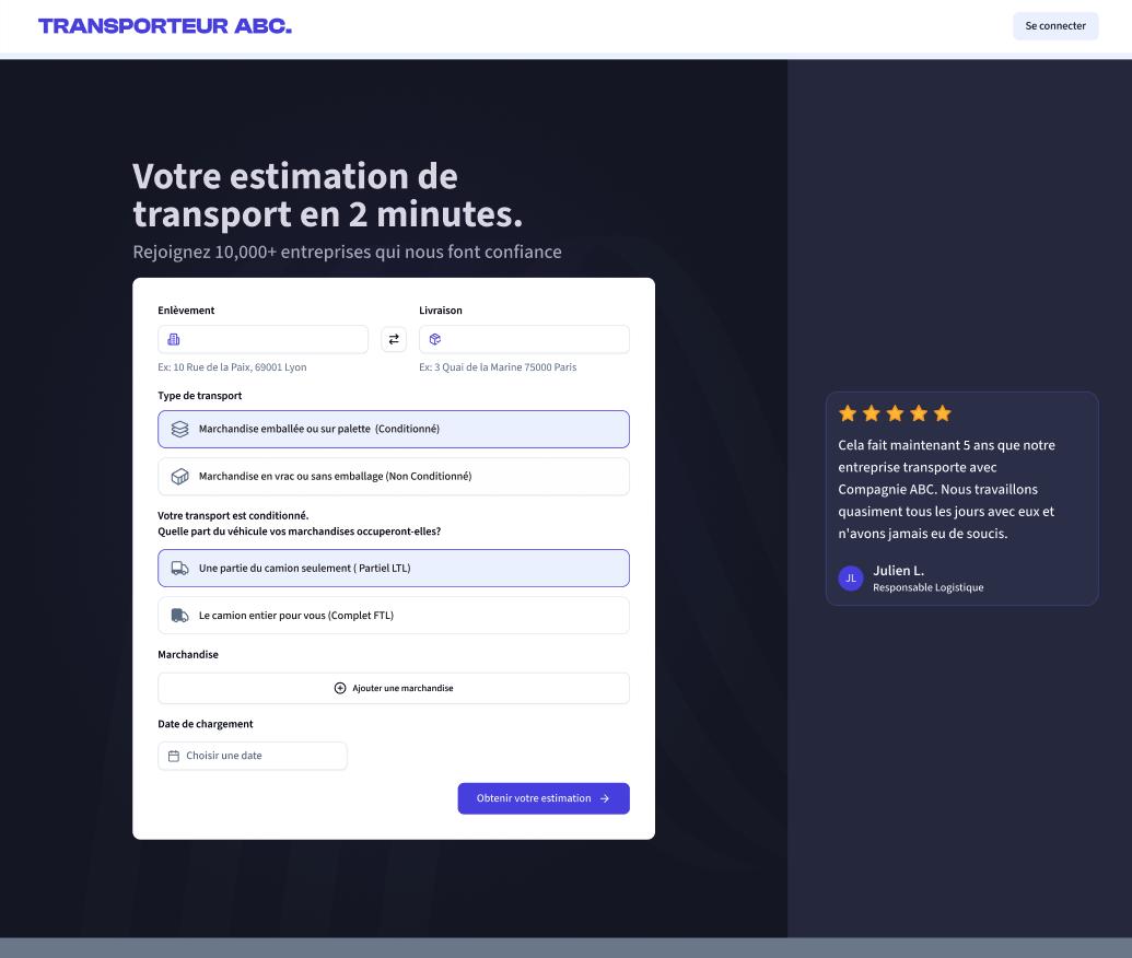 Estimation de transport en ligne, site marchand Bary